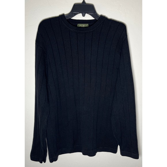 Eddie Bauer Mens Black Cotton Ribbed Knit Long Sleeve Crew Neck Sweater - Picture 1 of 13
